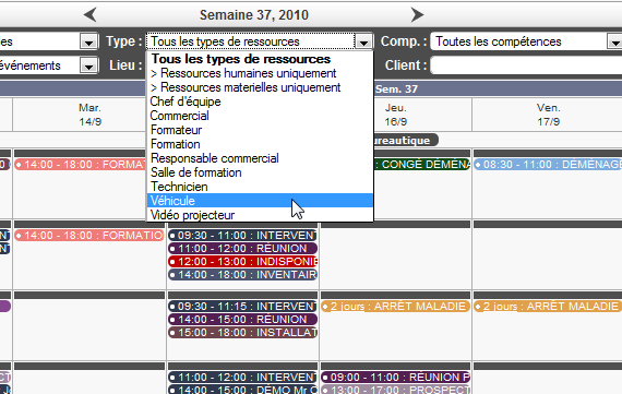 Filtrez vos ressources humaines et matérielles par site, équipe, type (humain ou matériel), métier/fonction et compétence