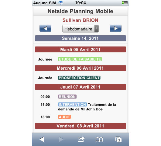 Planning hebdomadaire sous Netside Planning Mobile