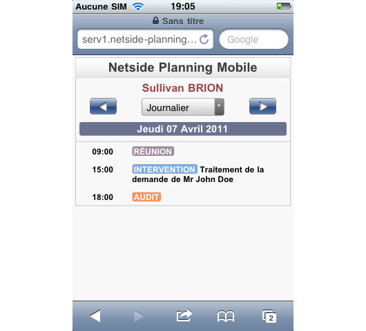Planning journalier sous Netside Planning Mobile