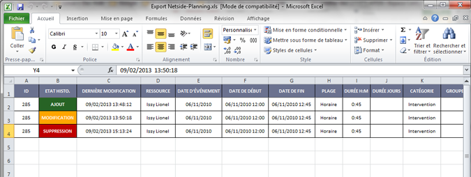 Historique des évènements sous Excel