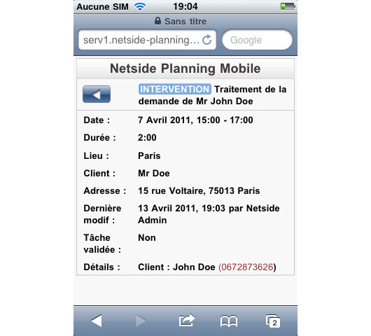 Détails d'une tâche sous Netside Planning Mobile