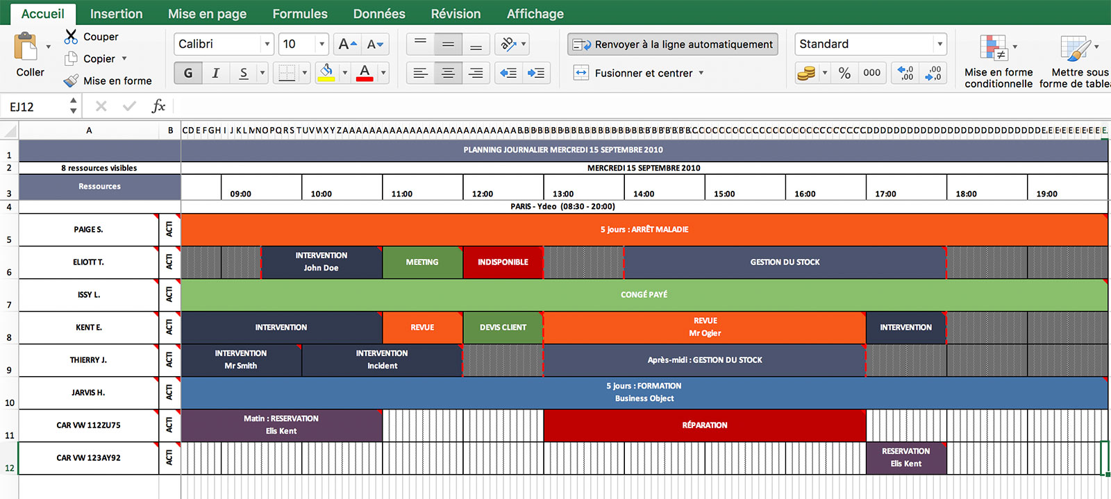 Planning Excel de gestion du personnel